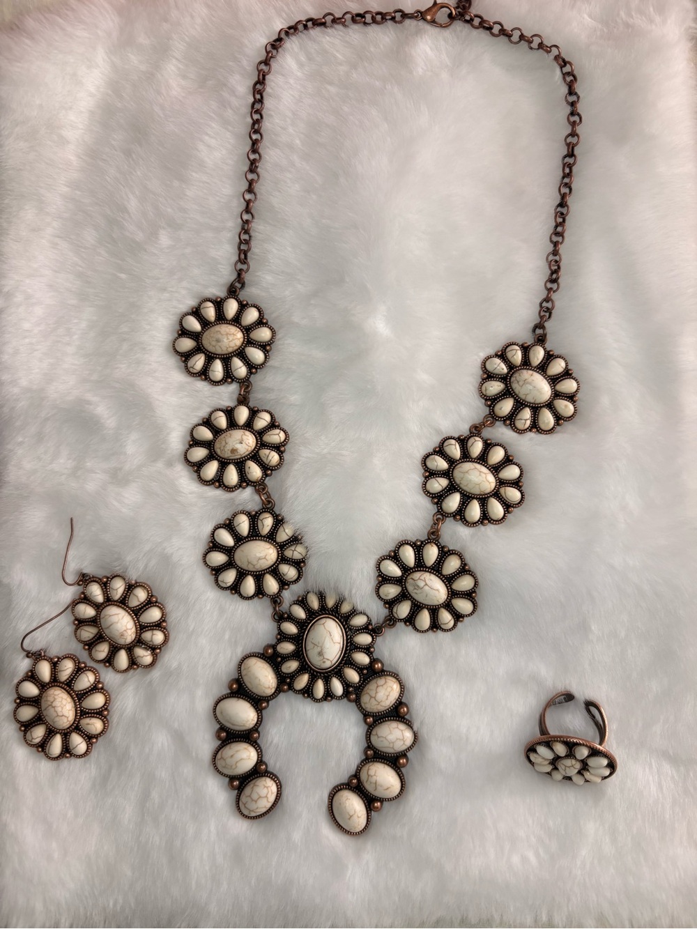 White Stone Floral Cluster Necklace Set with Antiqued Metal